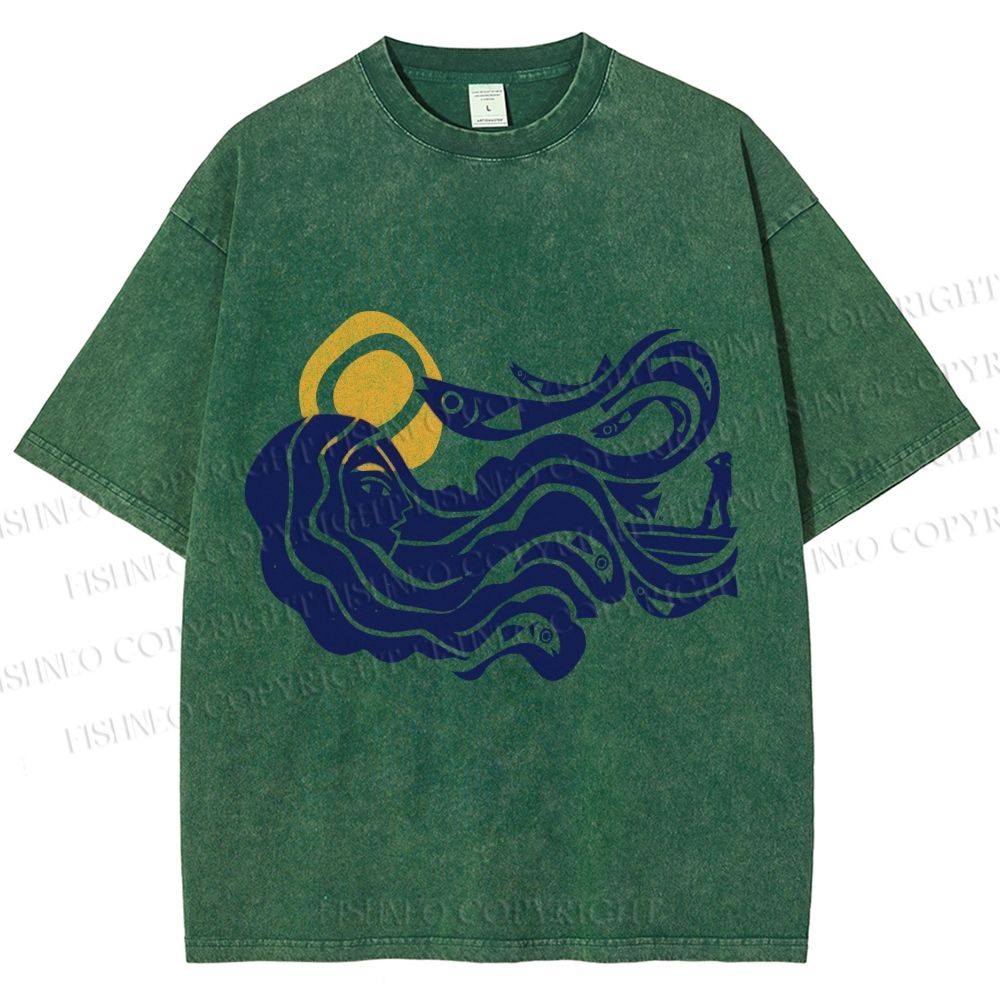 Unisex Vintage Sea Wave Mermaid Printed Washed Tee