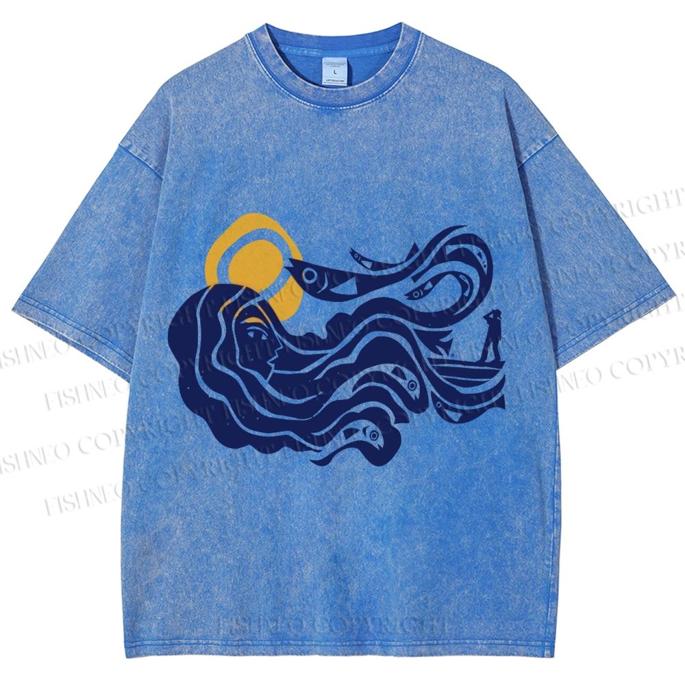 Unisex Vintage Sea Wave Mermaid Printed Washed Tee