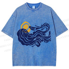 Unisex Vintage Sea Wave Mermaid Printed Washed Tee