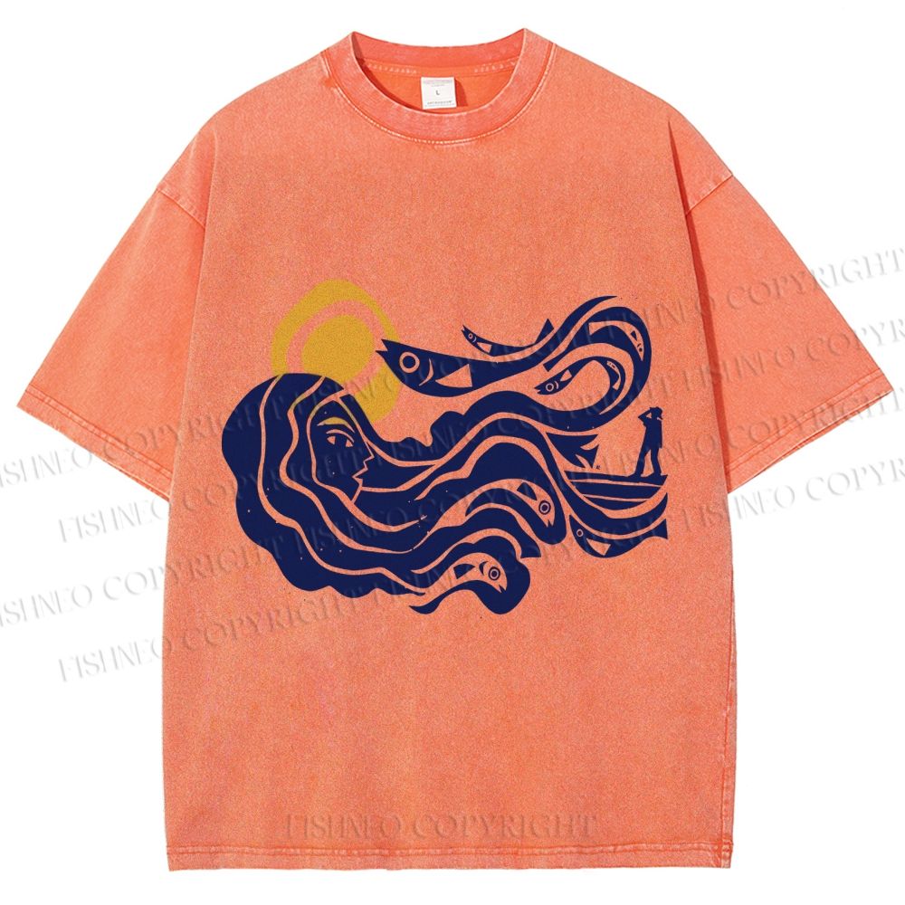 Unisex Vintage Sea Wave Mermaid Printed Washed Tee