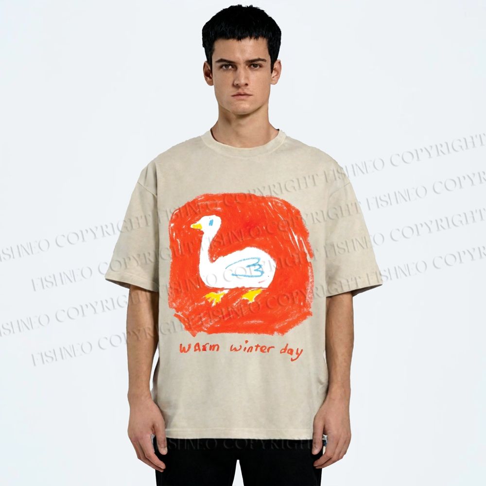 Unisex Duck Warm Winter Day Printed Washed Tee