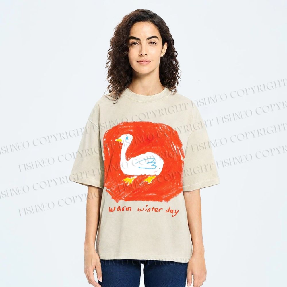 Unisex Duck Warm Winter Day Printed Washed Tee