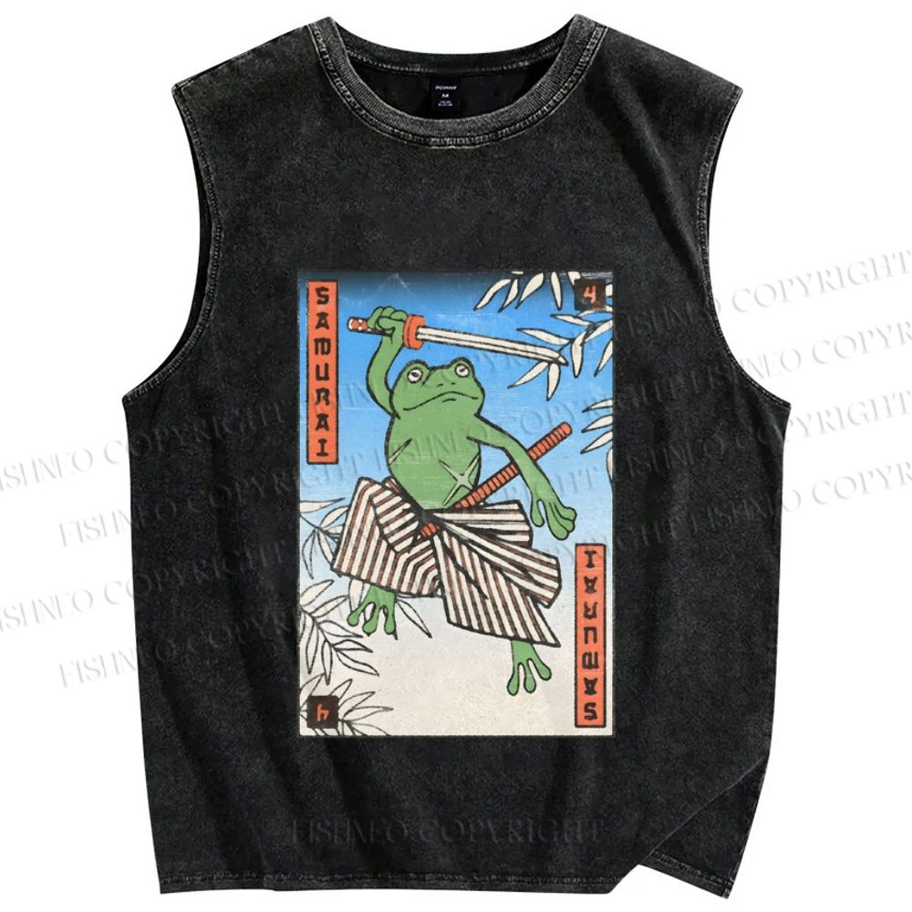 Unisex Samurai Frog Printed Washed Tank Top