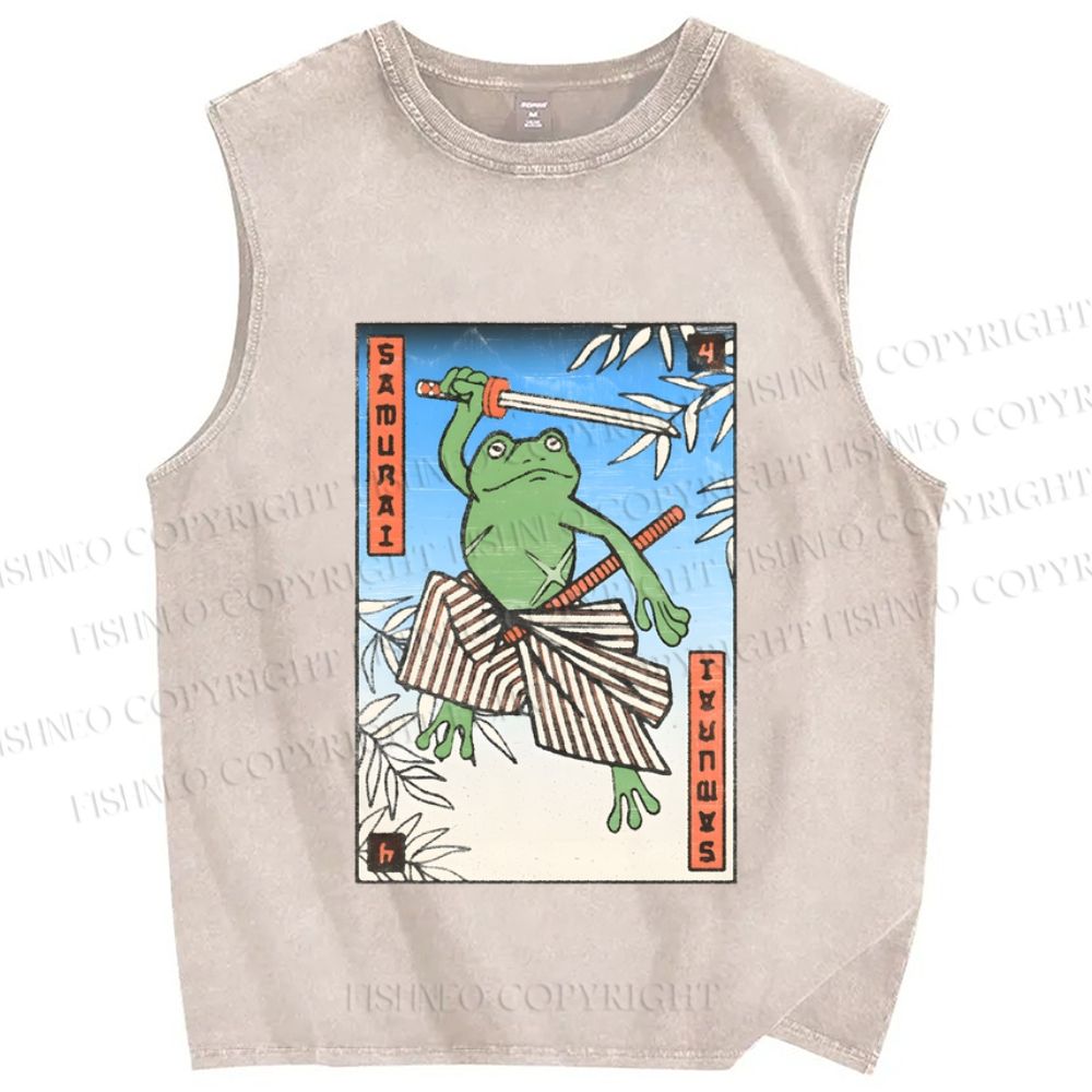Unisex Samurai Frog Printed Washed Tank Top