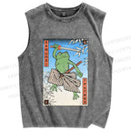 Unisex Samurai Frog Printed Washed Tank Top