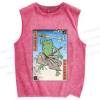 Unisex Samurai Frog Printed Washed Tank Top