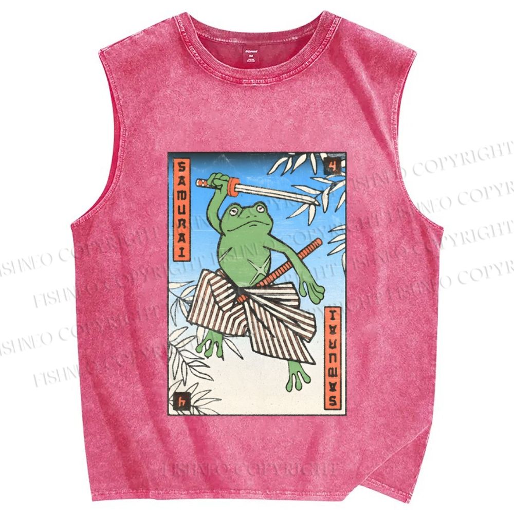 Unisex Samurai Frog Printed Washed Tank Top