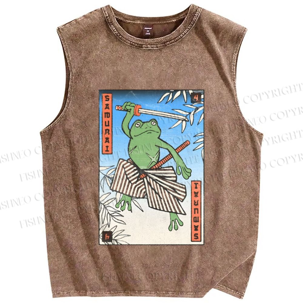Unisex Samurai Frog Printed Washed Tank Top