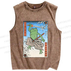 Unisex Samurai Frog Printed Washed Tank Top