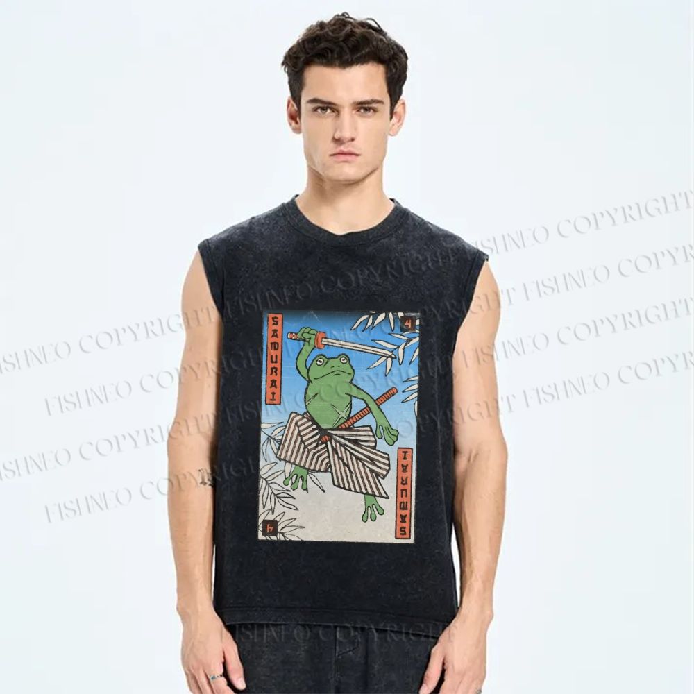 Unisex Samurai Frog Printed Washed Tank Top
