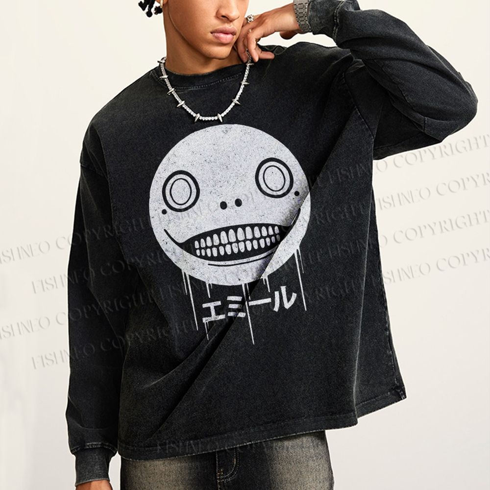 Unisex Casual Washed Ghost Face Printed Long Sleeve T-shirt