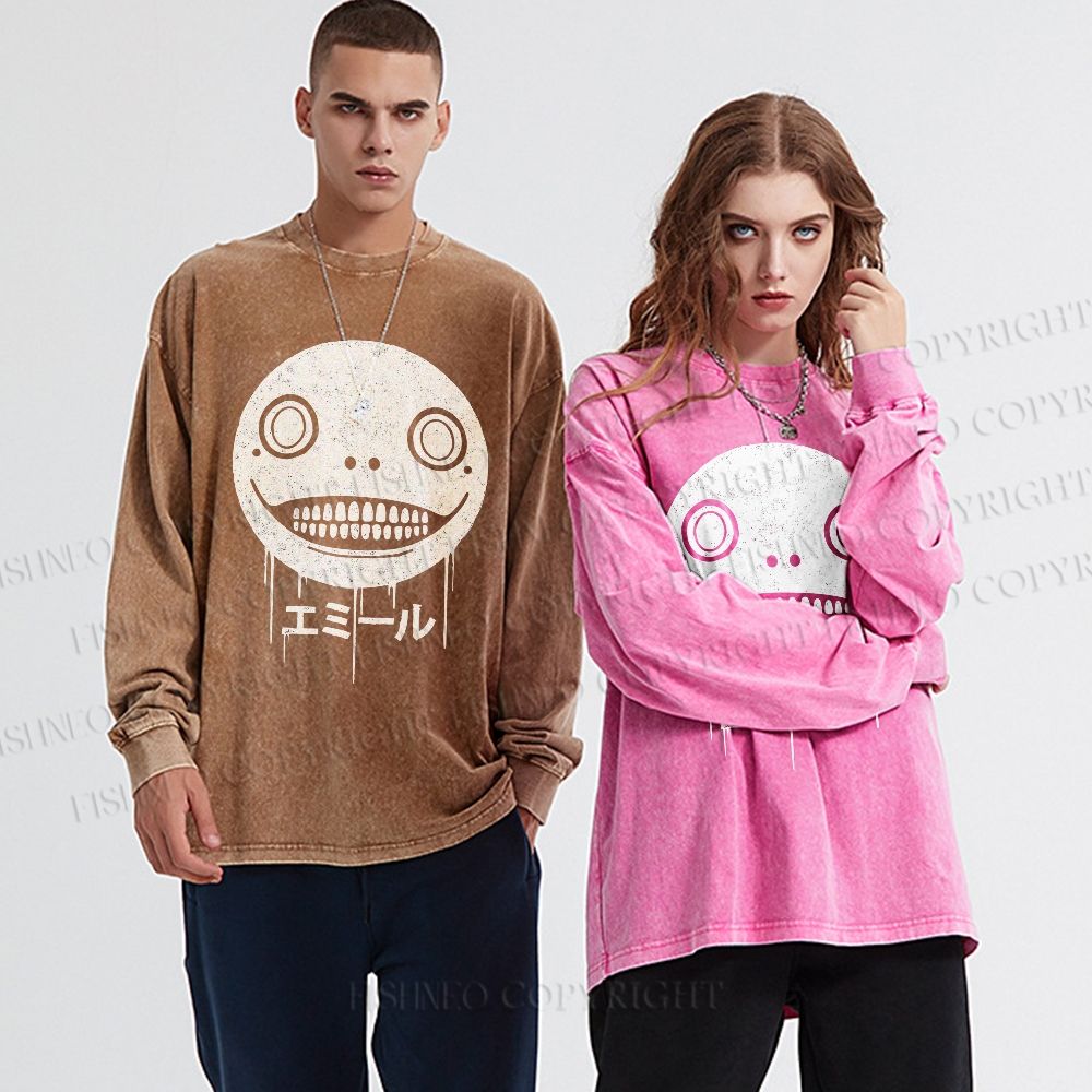 Unisex Casual Washed Ghost Face Printed Long Sleeve T-shirt