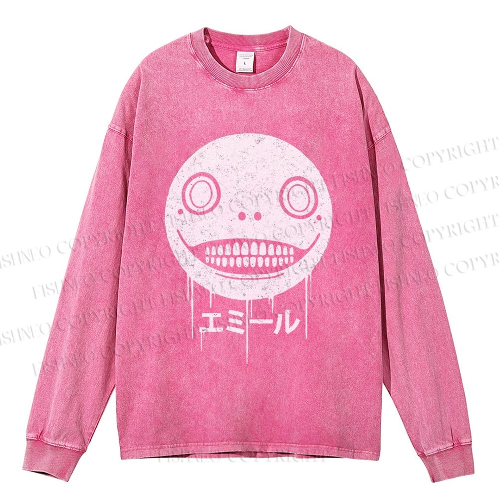 Unisex Casual Washed Ghost Face Printed Long Sleeve T-shirt