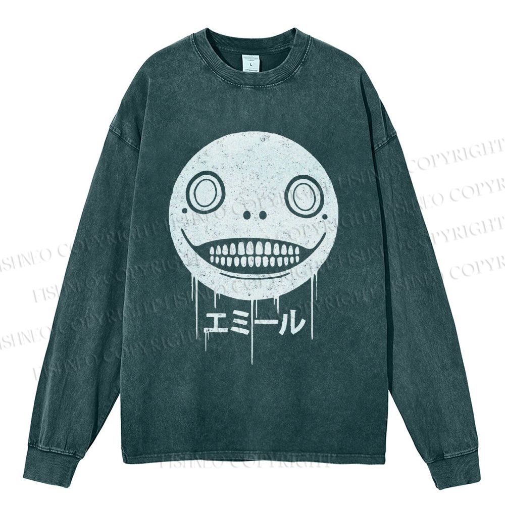 Unisex Casual Washed Ghost Face Printed Long Sleeve T-shirt