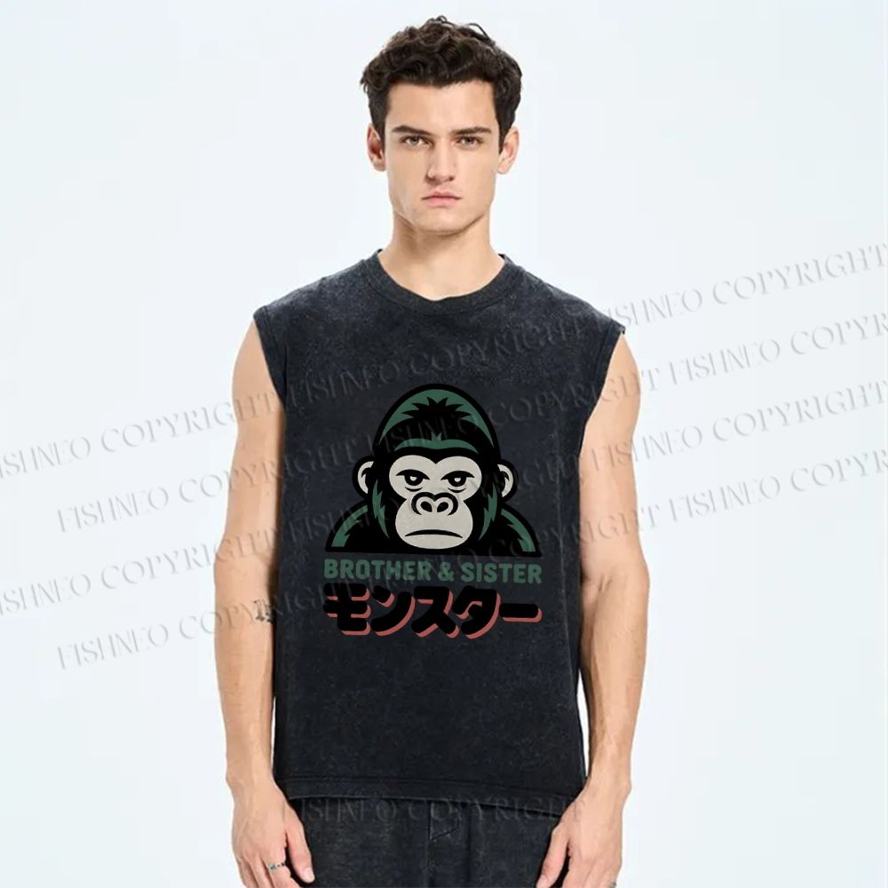 Unisex Monkey Printed Washed Tank Top