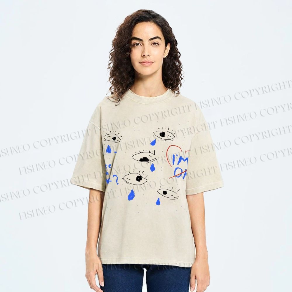 Unisex Artistic Geometric Eyes Printed Washed Tee