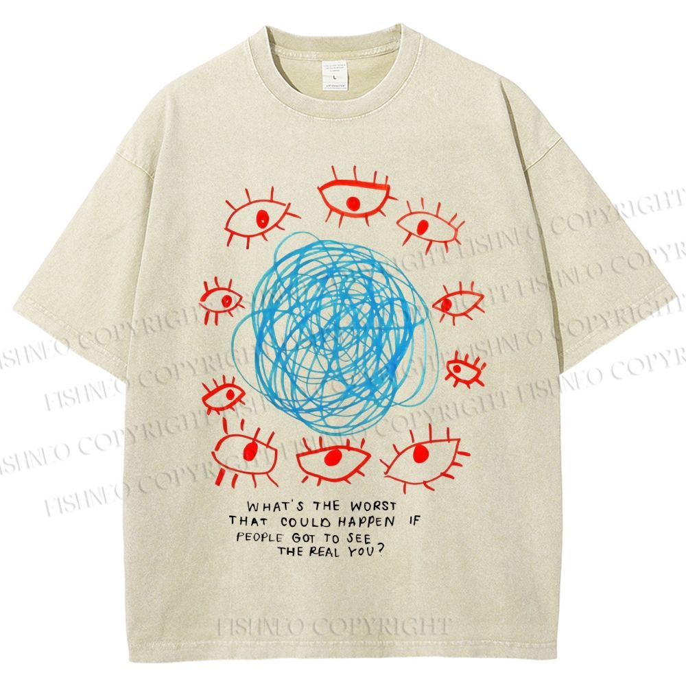 Unisex Artistic Geometric Eyes Printed Washed Tee