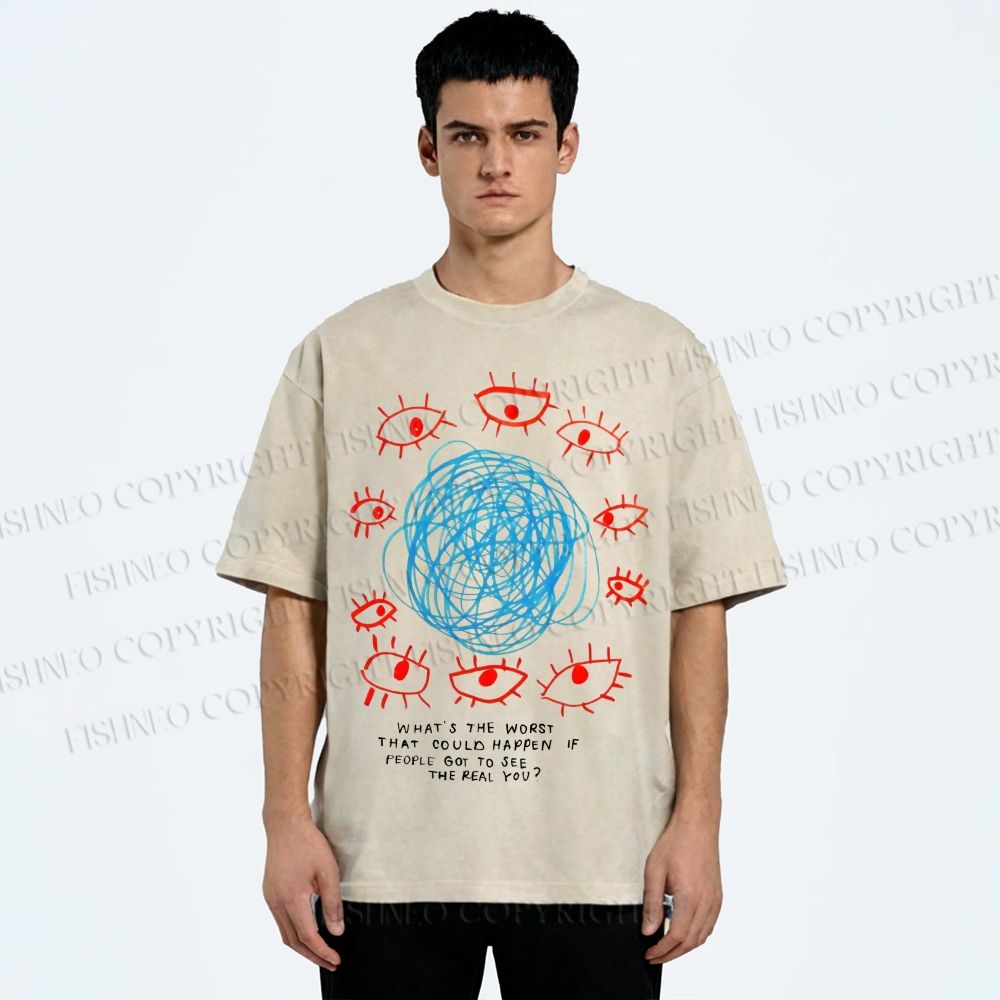 Unisex Artistic Geometric Eyes Printed Washed Tee