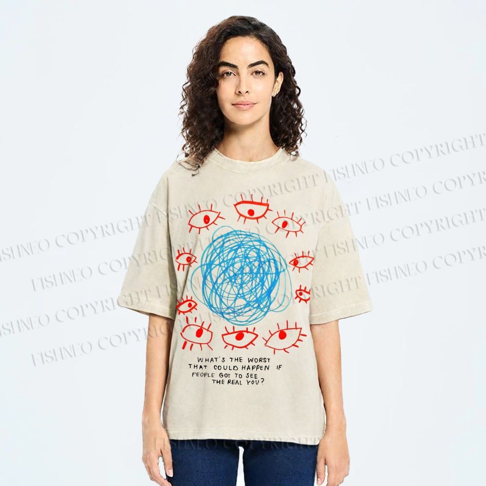 Unisex Artistic Geometric Eyes Printed Washed Tee