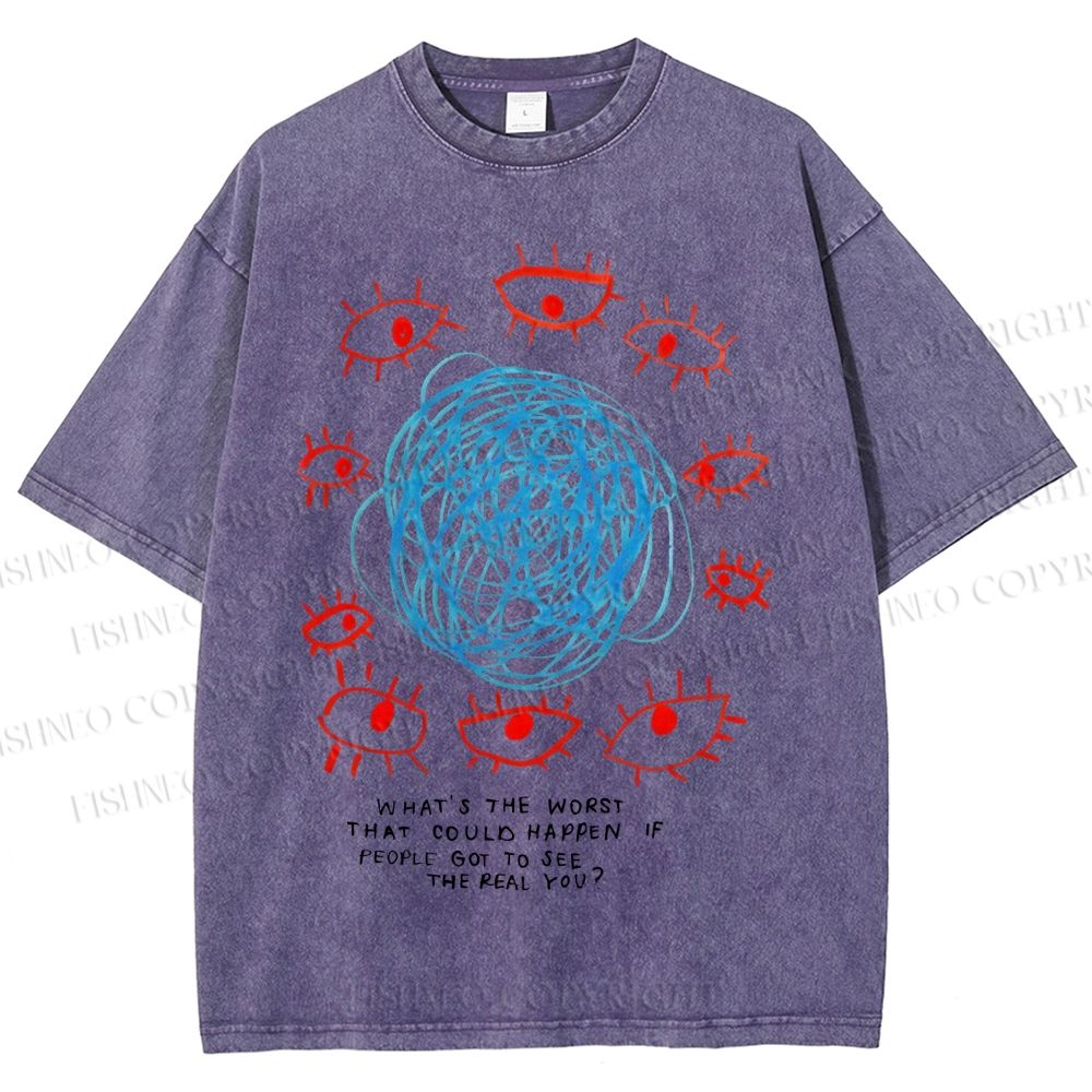 Unisex Artistic Geometric Eyes Printed Washed Tee