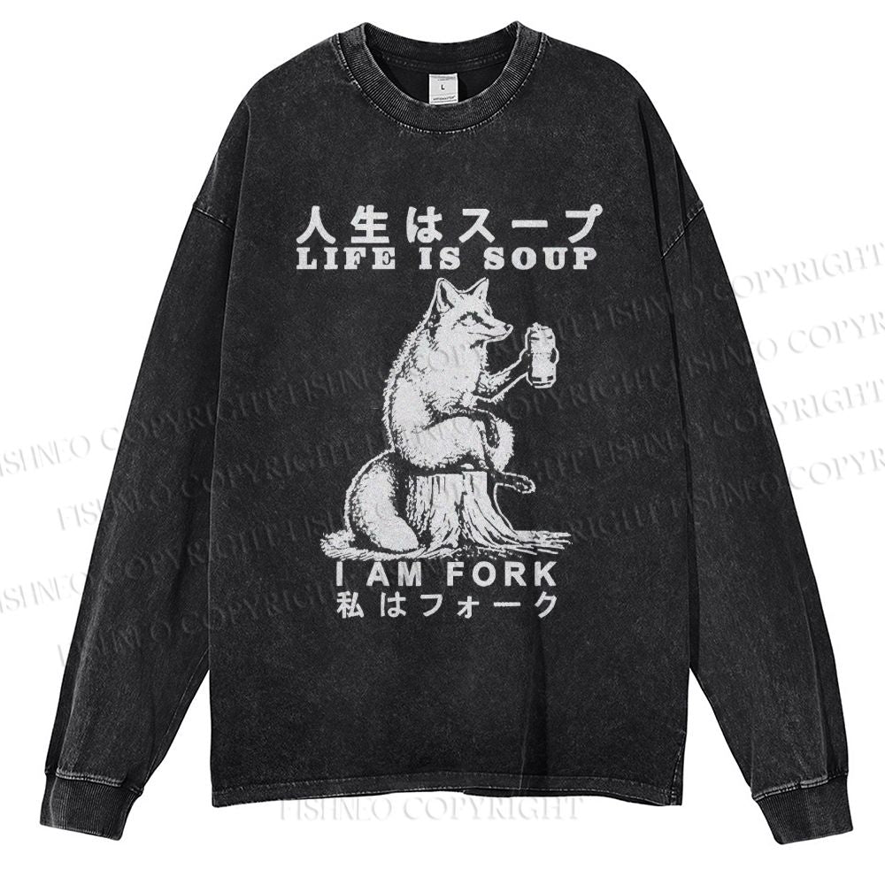 Unisex Casual Washed Life Is Soup I Am Fork Funny Printed Long Sleeve T-shirt