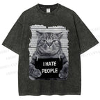 Unisex Cat Printed Washed Tee