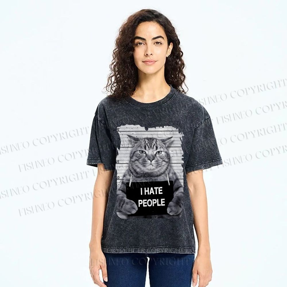 Unisex Cat Printed Washed Tee