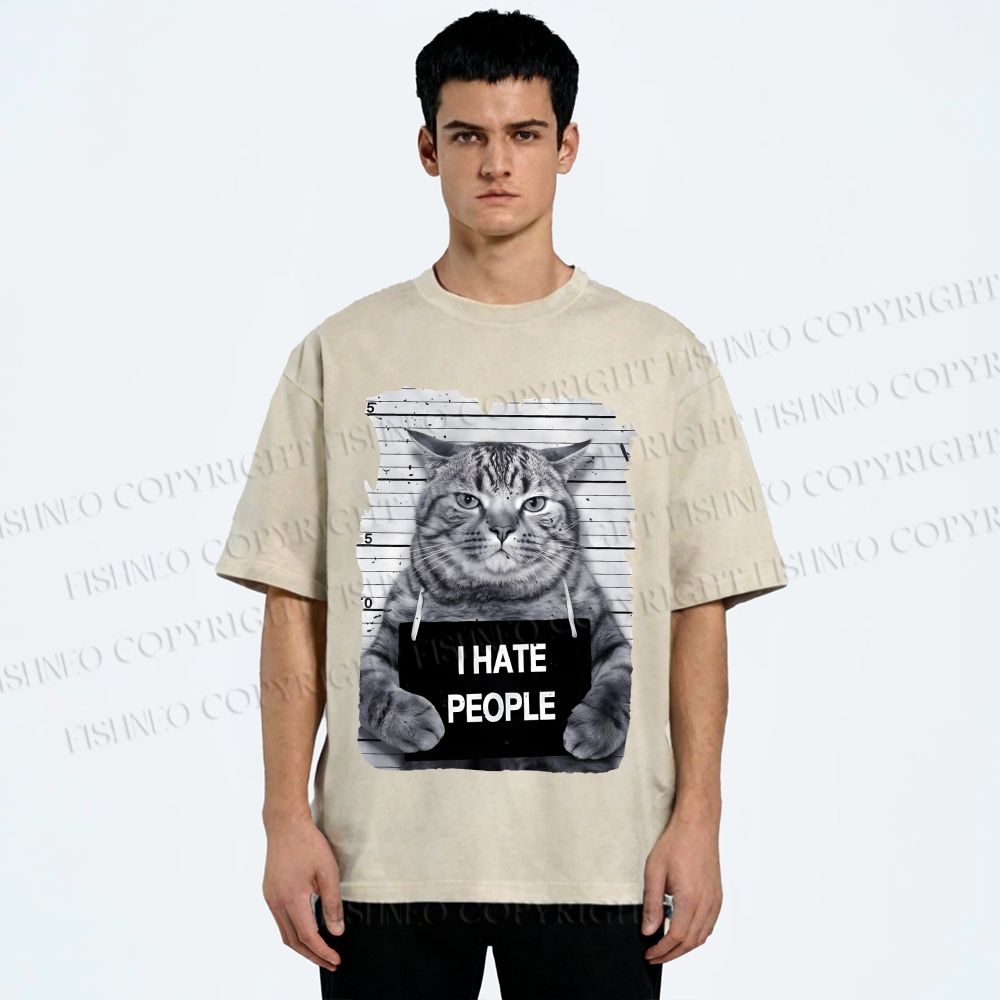 Unisex Cat Printed Washed Tee