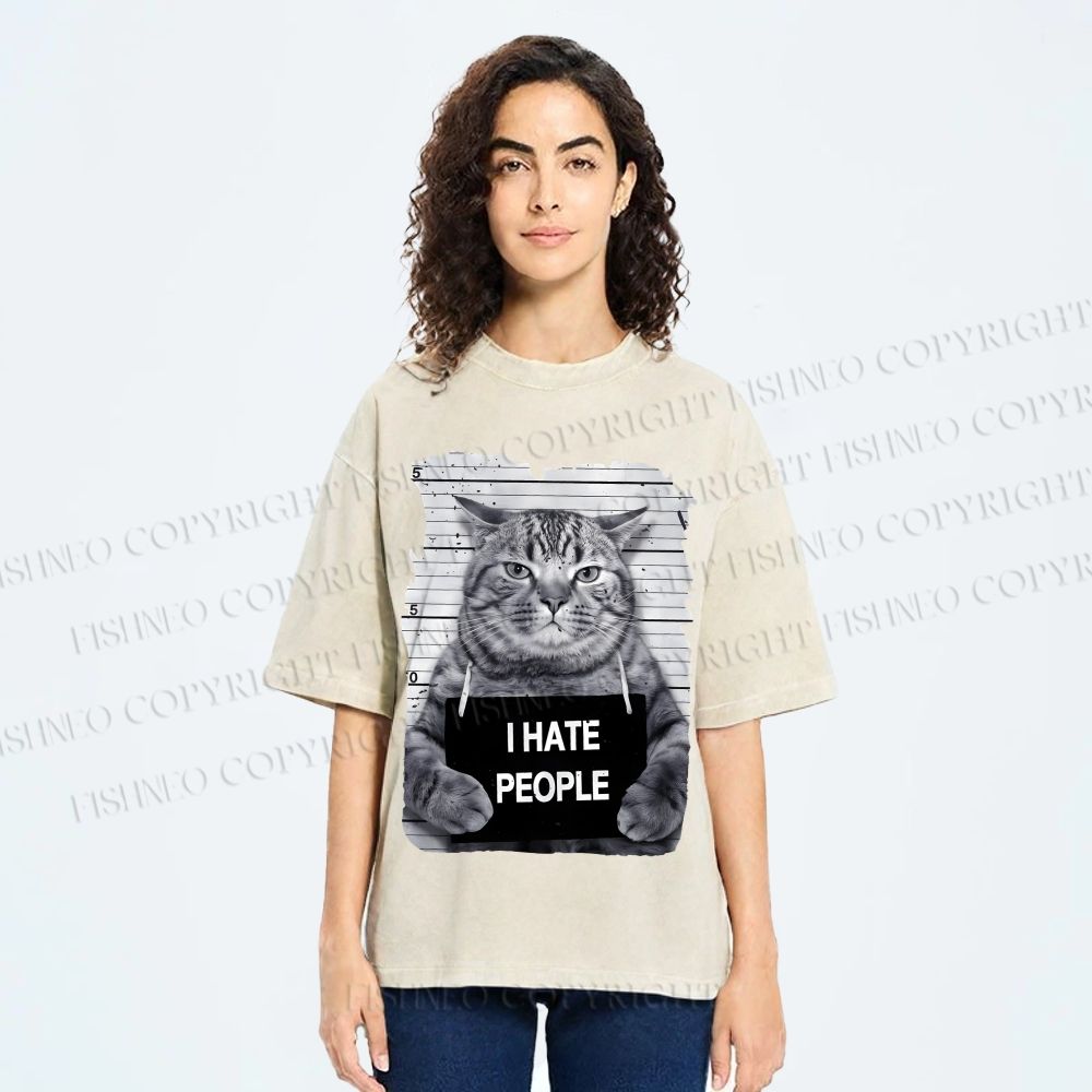 Unisex Cat Printed Washed Tee