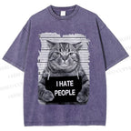 Unisex Cat Printed Washed Tee