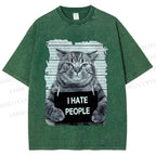 Unisex Cat Printed Washed Tee