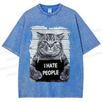 Unisex Cat Printed Washed Tee