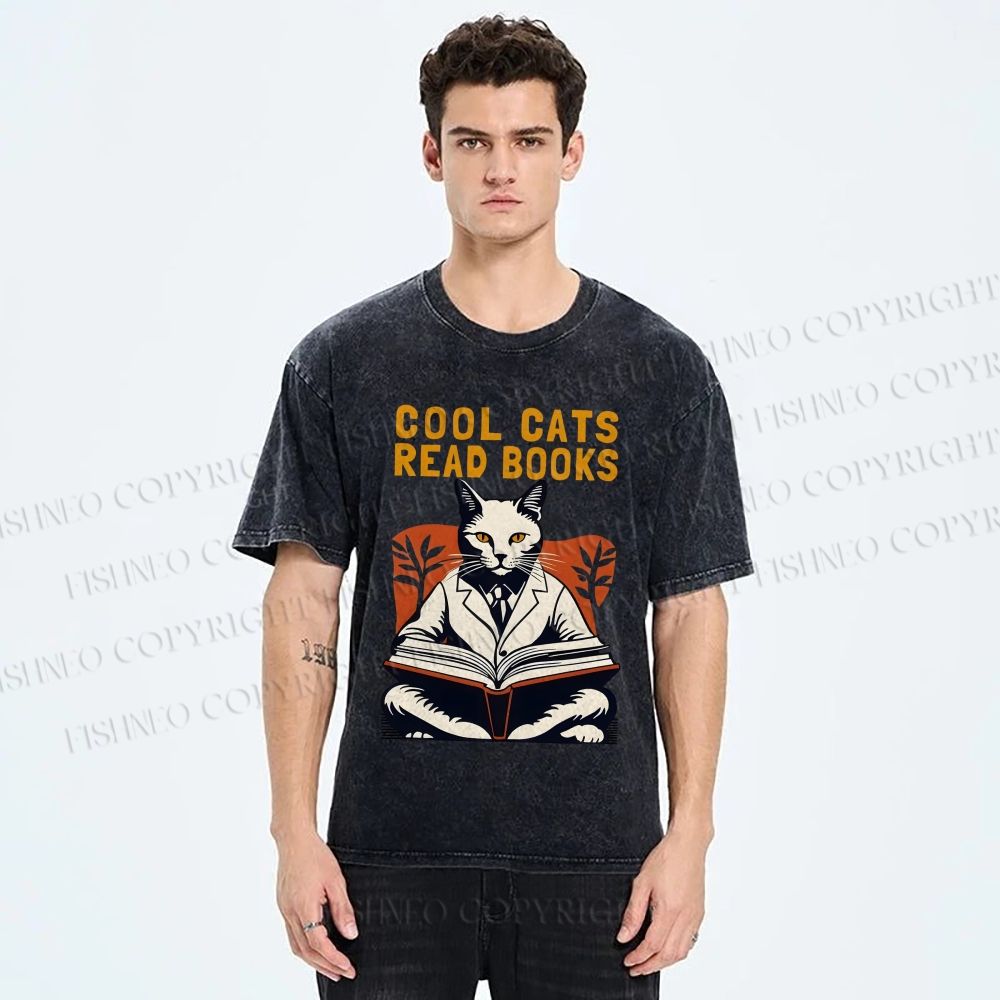 Unisex Cool Cats Read Books Printed Washed Tee