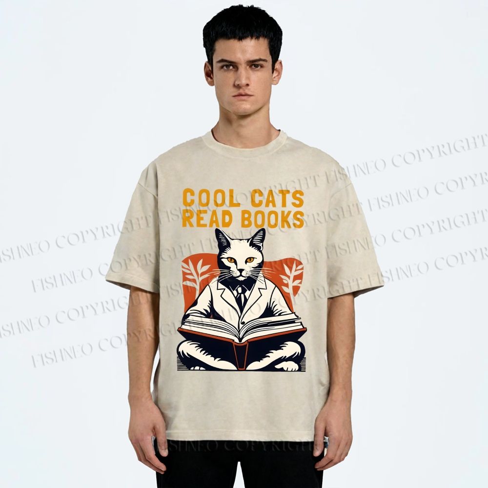 Unisex Cool Cats Read Books Printed Washed Tee