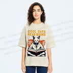Unisex Cool Cats Read Books Printed Washed Tee
