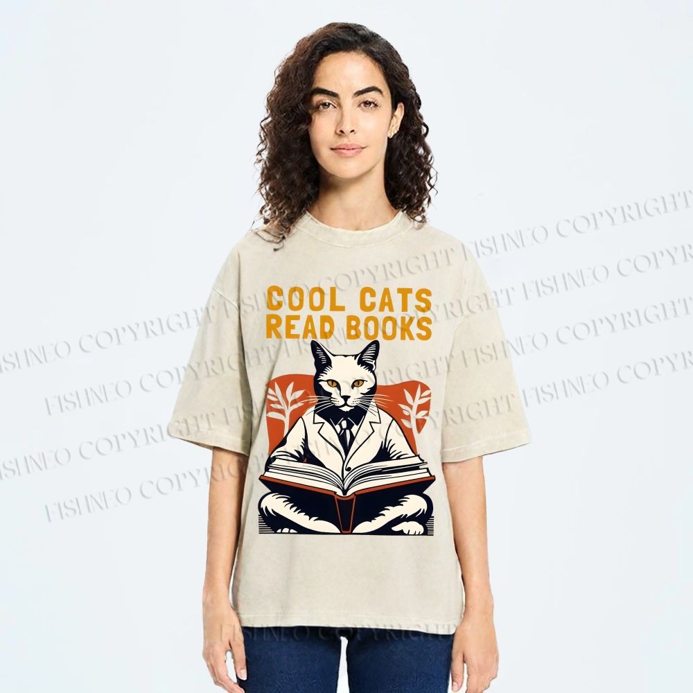 Unisex Cool Cats Read Books Printed Washed Tee