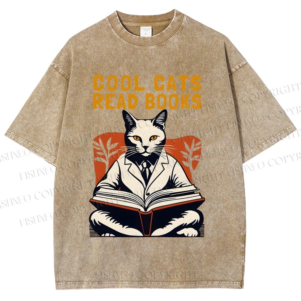 Unisex Cool Cats Read Books Printed Washed Tee
