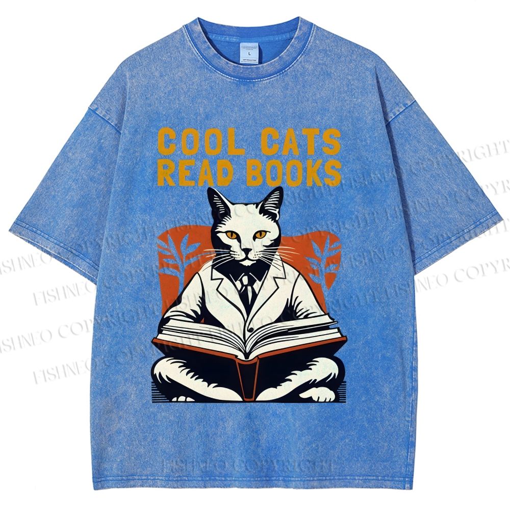 Unisex Cool Cats Read Books Printed Washed Tee