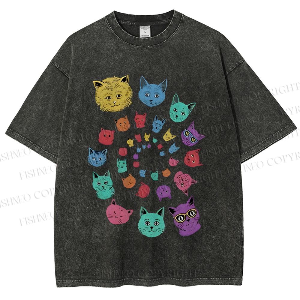 Unisex Colorful Cats Printed Washed Tee