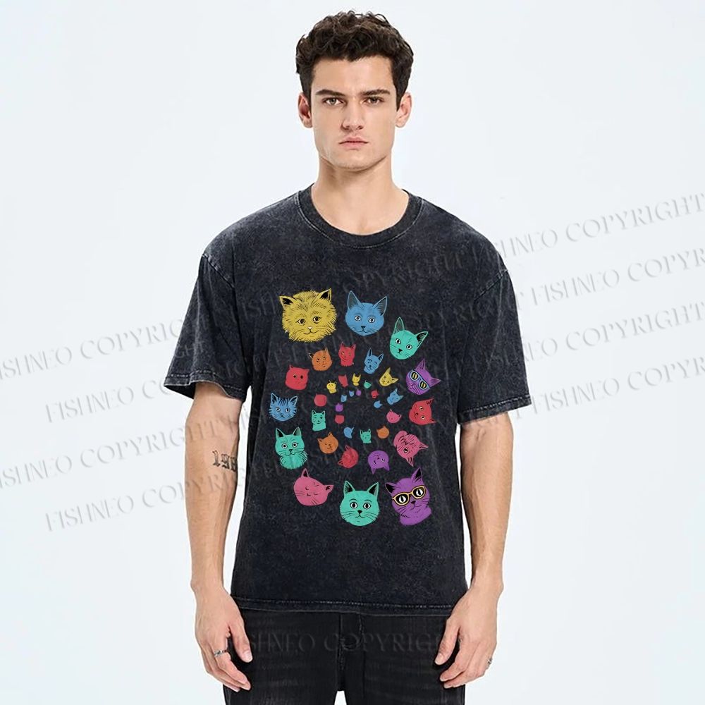 Unisex Colorful Cats Printed Washed Tee