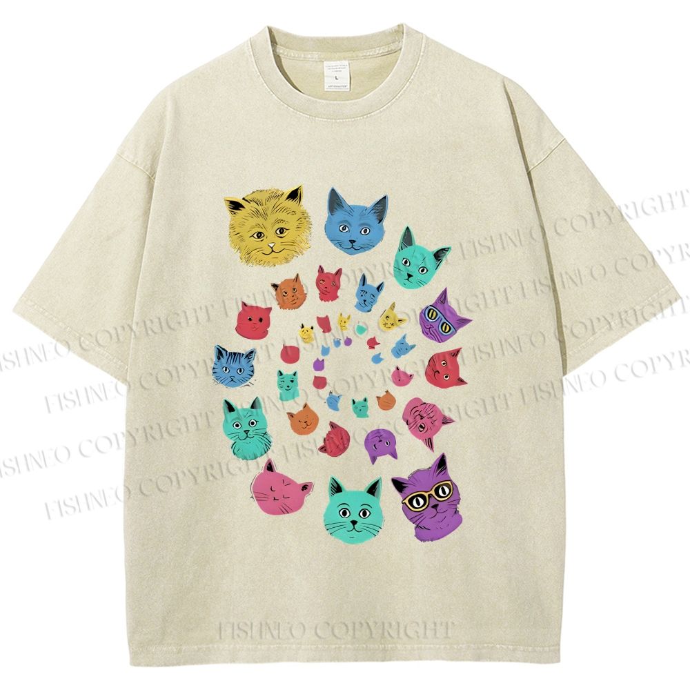 Unisex Colorful Cats Printed Washed Tee