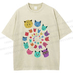 Unisex Colorful Cats Printed Washed Tee