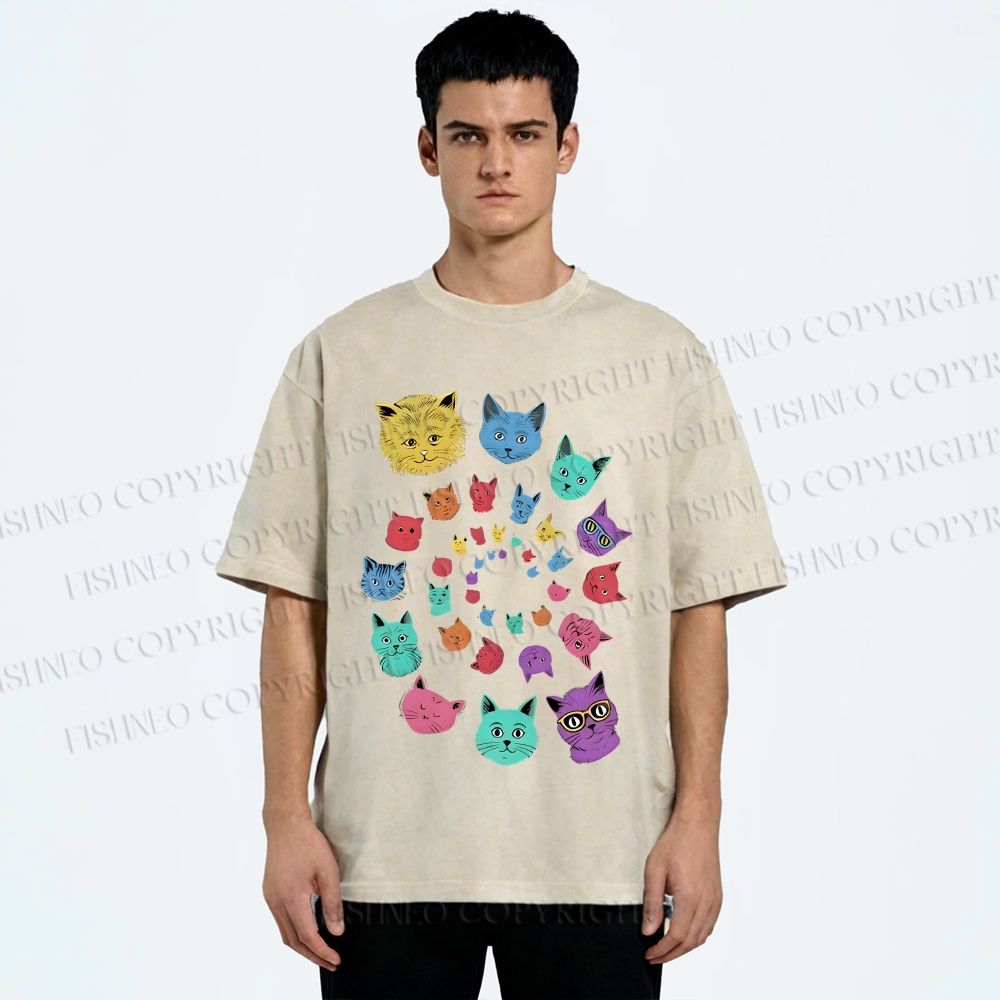 Unisex Colorful Cats Printed Washed Tee