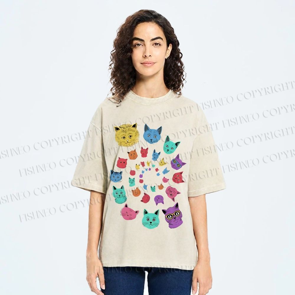 Unisex Colorful Cats Printed Washed Tee