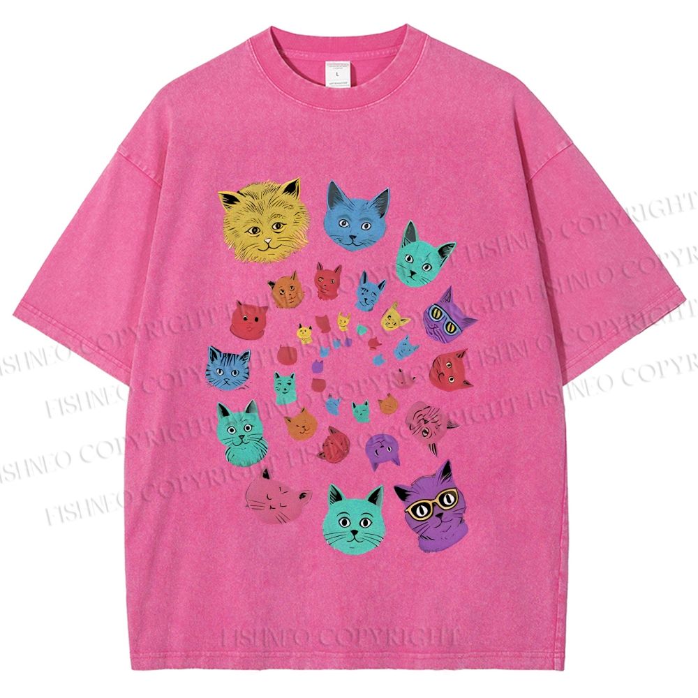 Unisex Colorful Cats Printed Washed Tee