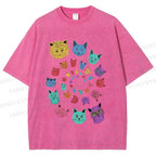 Unisex Colorful Cats Printed Washed Tee