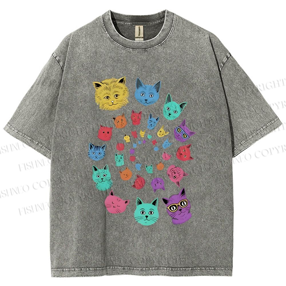Unisex Colorful Cats Printed Washed Tee