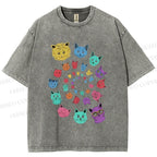 Unisex Colorful Cats Printed Washed Tee