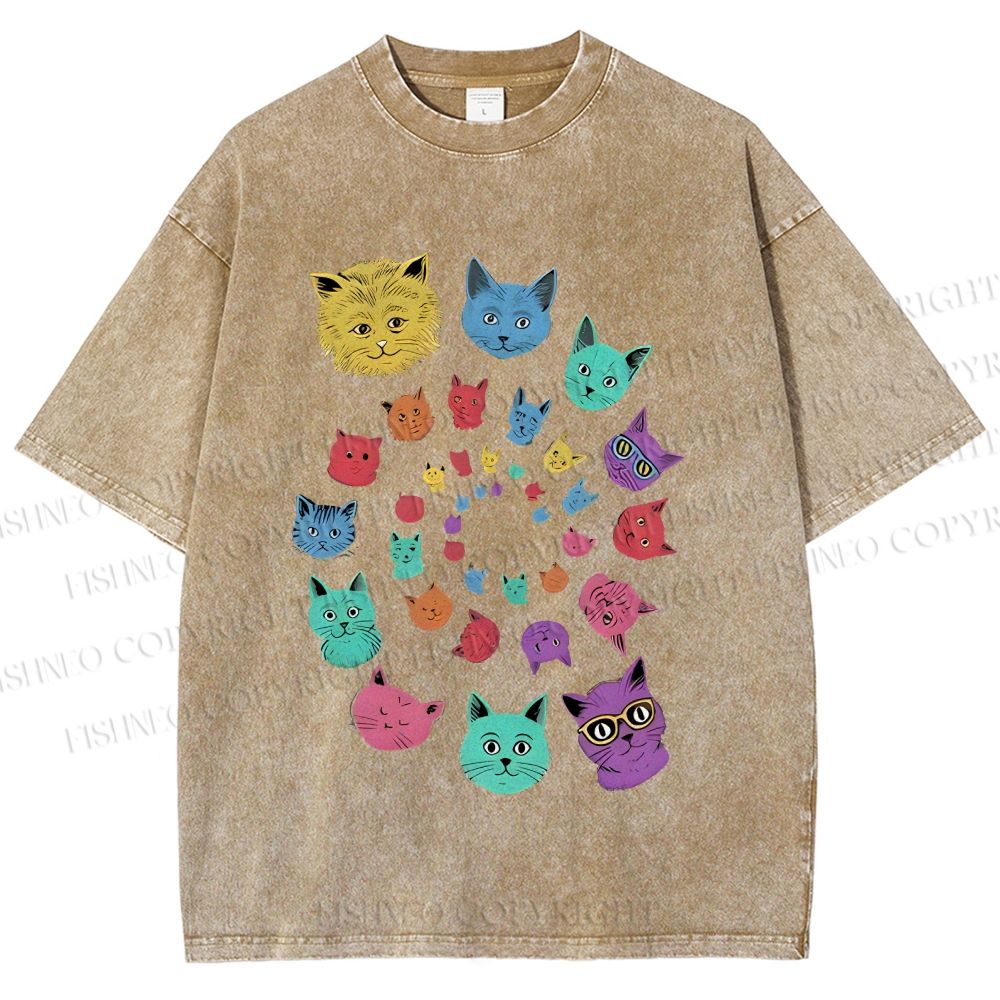 Unisex Colorful Cats Printed Washed Tee