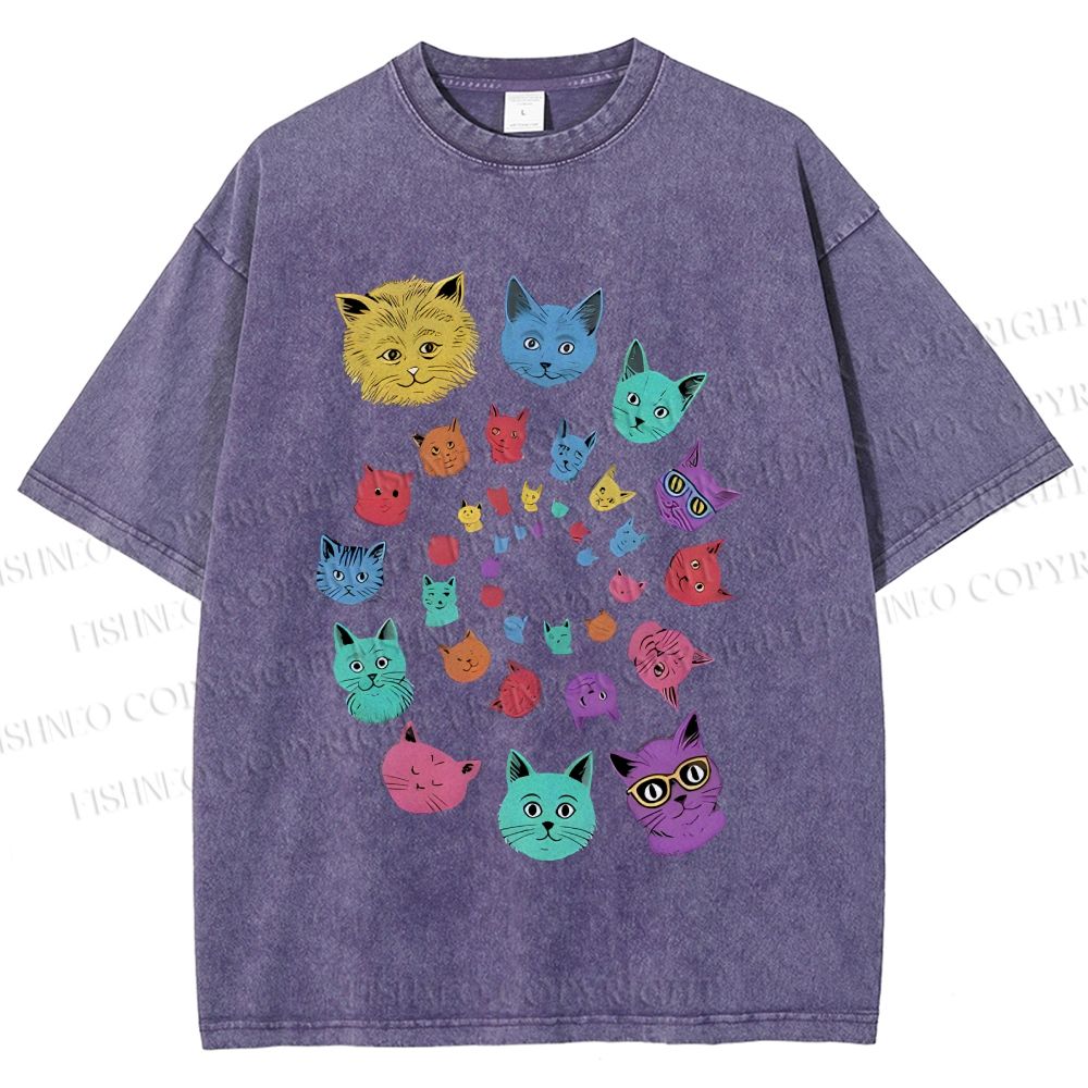 Unisex Colorful Cats Printed Washed Tee